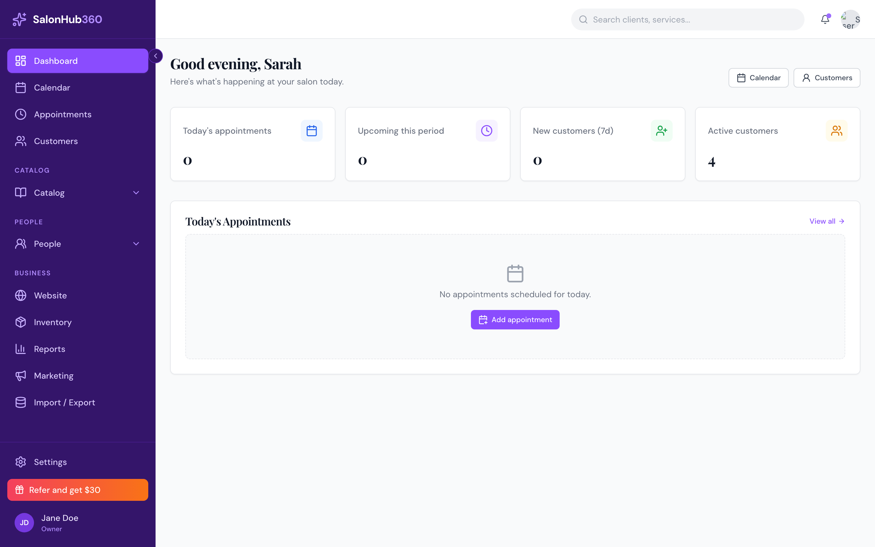 SalonHub360 dashboard showing today's appointments and key metrics